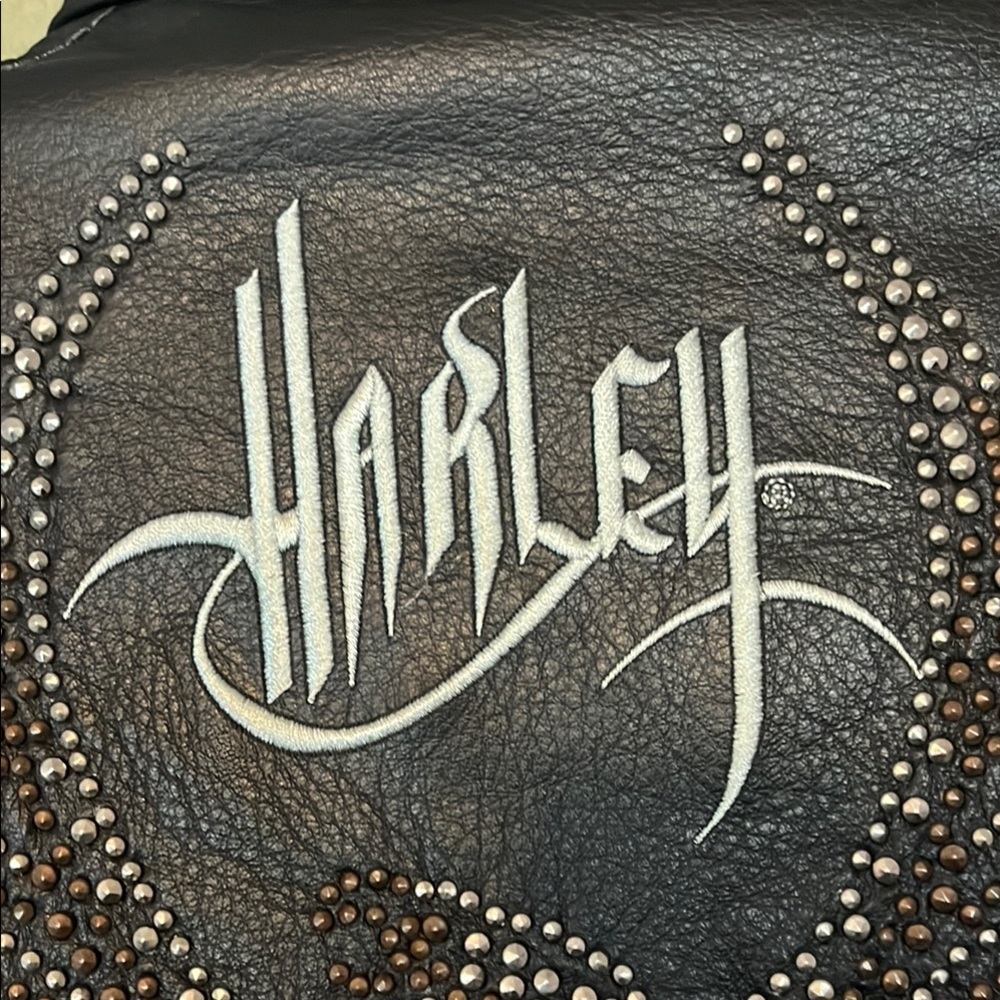 🎉HP🎉EUC Harley-Davidson Black Metallic Studded Leather Jacket- pockets/zips Sz M - Picture 2 of 13